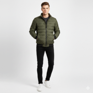 Men's Olive Green Quilted Puffer Jacket | Lightweight Winter Wear with Ribbed Cuffs & Hem